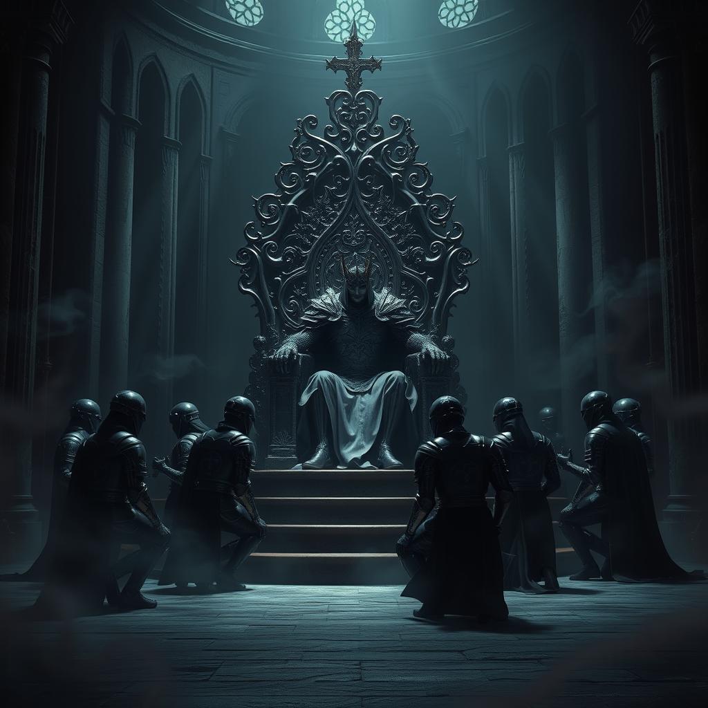 A dark and majestic scene depicting the Shadow King seated on an ominous, intricately designed throne crafted from shadows and ethereal darkness, his regal armor glinting faintly in the dim light