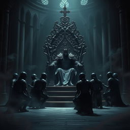 A dark and majestic scene depicting the Shadow King seated on an ominous, intricately designed throne crafted from shadows and ethereal darkness, his regal armor glinting faintly in the dim light