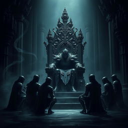 A dark and majestic scene depicting the Shadow King seated on an ominous, intricately designed throne crafted from shadows and ethereal darkness, his regal armor glinting faintly in the dim light