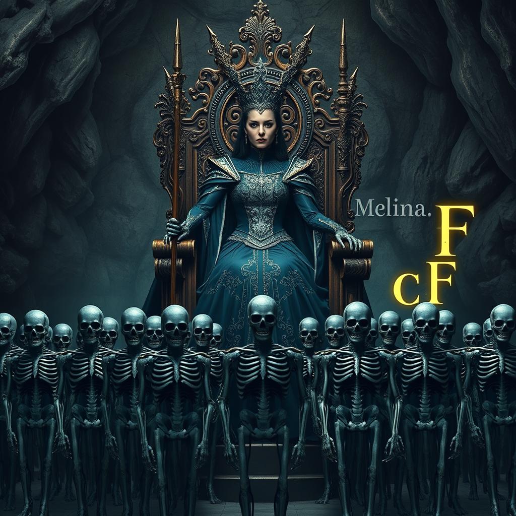A regal queen seated on an ornate throne, holding a scepter in her hand, exuding power and authority