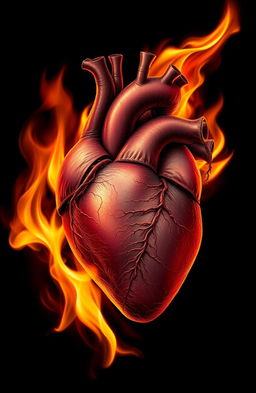 A realistic depiction of a human heart, vividly illustrated with intricate details, surrounded by flames that create a dramatic and intense atmosphere