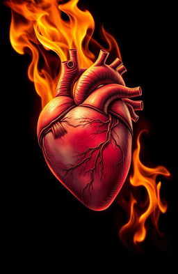 A realistic depiction of a human heart, vividly illustrated with intricate details, surrounded by flames that create a dramatic and intense atmosphere