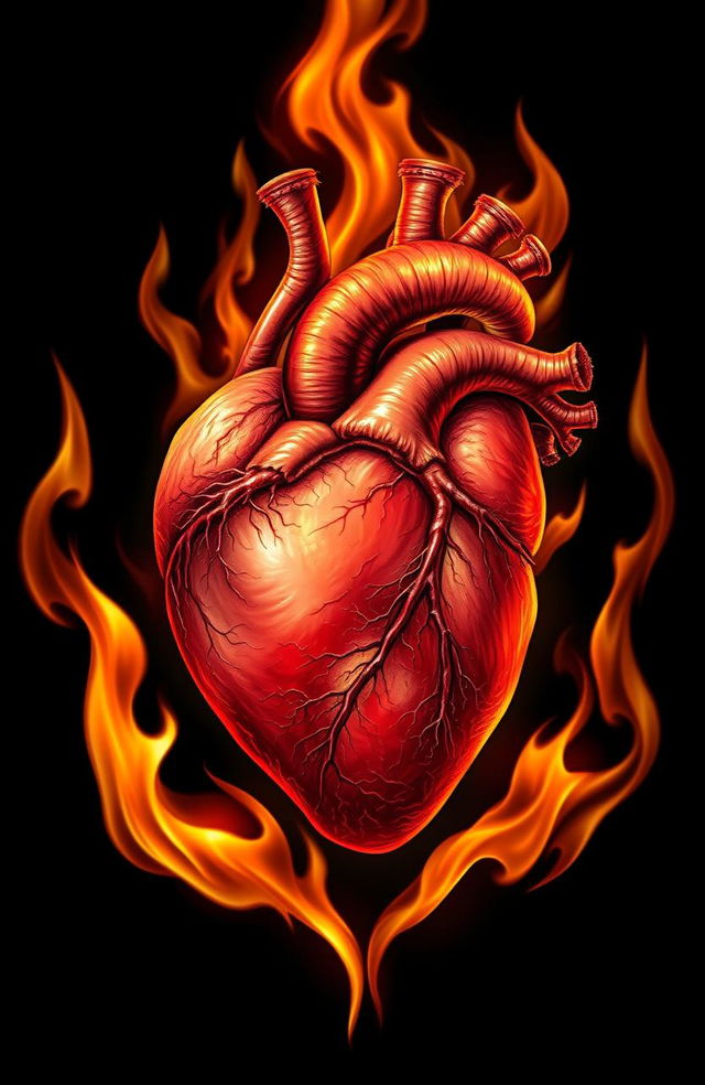 A realistic depiction of a human heart, vividly illustrated with intricate details, surrounded by flames that create a dramatic and intense atmosphere