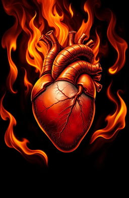 A realistic depiction of a human heart, vividly illustrated with intricate details, surrounded by flames that create a dramatic and intense atmosphere
