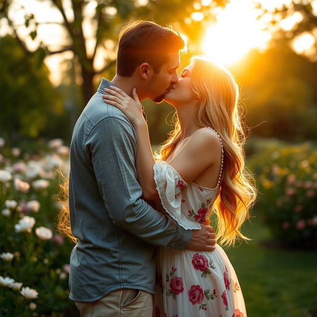 A romantic scene of a couple sharing a passionate kiss in a serene park during golden hour, with soft sunlight illuminating their faces