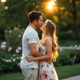 A romantic scene of a couple sharing a passionate kiss in a serene park during golden hour, with soft sunlight illuminating their faces