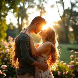 A romantic scene of a couple sharing a passionate kiss in a serene park during golden hour, with soft sunlight illuminating their faces