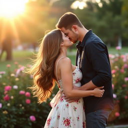 A romantic scene of a couple sharing a passionate kiss in a serene park during golden hour, with soft sunlight illuminating their faces