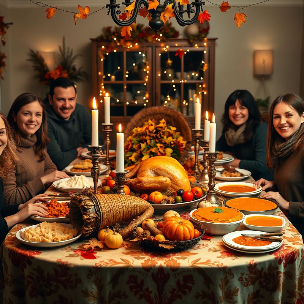 A beautifully arranged Thanksgiving table, adorned with a richly decorated tablecloth and a cornucopia filled with colorful autumn fruits and vegetables