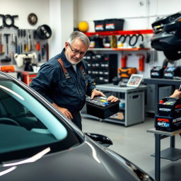 A mechanic in a contemporary automotive service shop performing car battery maintenance