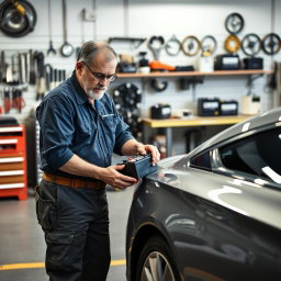A mechanic in a contemporary automotive service shop performing car battery maintenance
