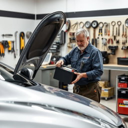 A mechanic in a contemporary automotive service shop performing car battery maintenance