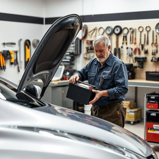 A mechanic in a contemporary automotive service shop performing car battery maintenance
