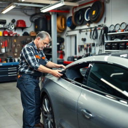 A mechanic in a contemporary automotive service shop performing car battery maintenance