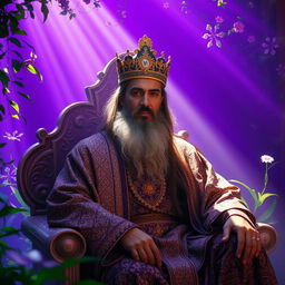 A mesmerizing scene featuring Shah Sayeh, clad in intricate traditional attire, seated elegantly on a decorative throne adorned with vibrant patterns