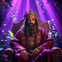 A mesmerizing scene featuring Shah Sayeh, clad in intricate traditional attire, seated elegantly on a decorative throne adorned with vibrant patterns