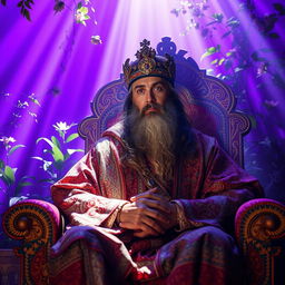 A mesmerizing scene featuring Shah Sayeh, clad in intricate traditional attire, seated elegantly on a decorative throne adorned with vibrant patterns