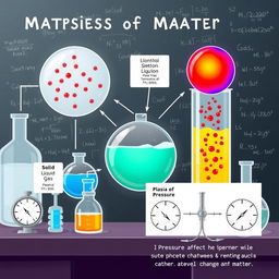A detailed illustration depicting the various states of matter (solid, liquid, gas, plasma) within a scientific context