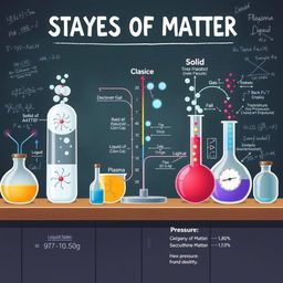 A detailed illustration depicting the various states of matter (solid, liquid, gas, plasma) within a scientific context