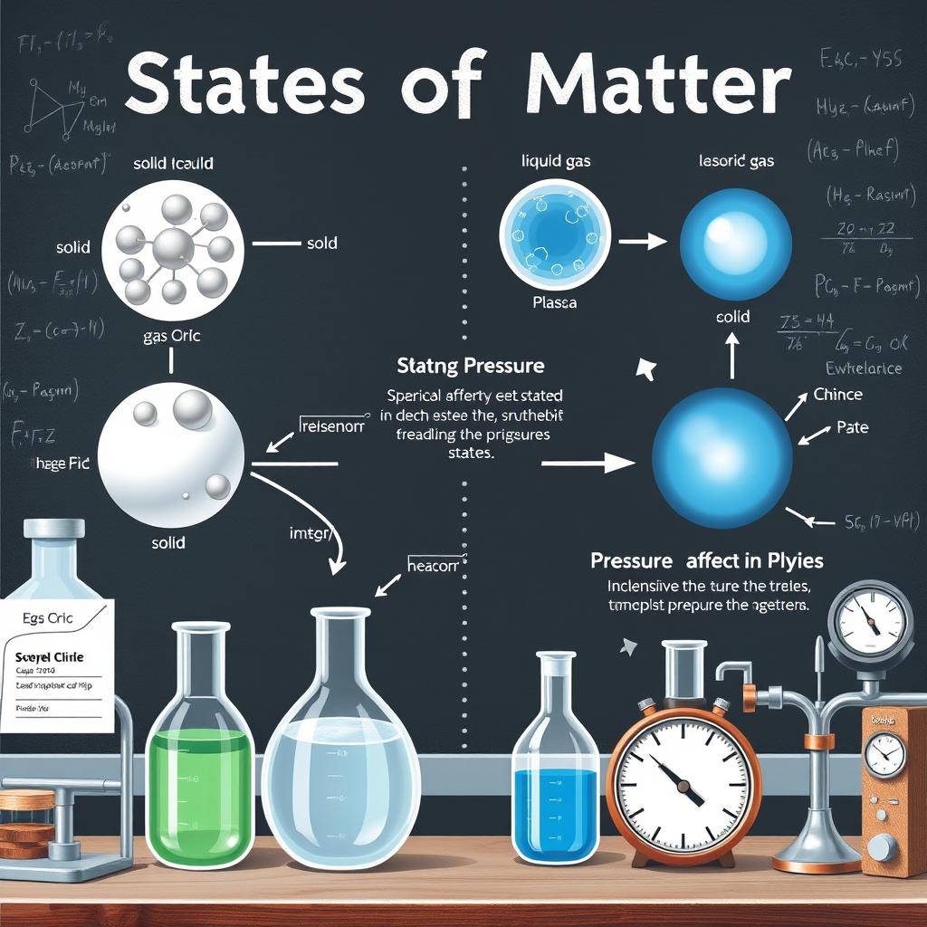 A detailed illustration depicting the various states of matter (solid, liquid, gas, plasma) within a scientific context