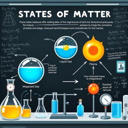 A detailed illustration depicting the various states of matter (solid, liquid, gas, plasma) within a scientific context