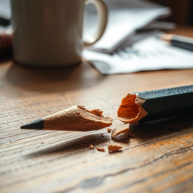 A close-up, detailed image of a broken pencil lying on a wooden desk, with splintered wood and graphite shards visible