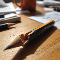 A close-up, detailed image of a broken pencil lying on a wooden desk, with splintered wood and graphite shards visible