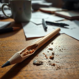 A close-up, detailed image of a broken pencil lying on a wooden desk, with splintered wood and graphite shards visible