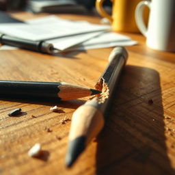 A close-up, detailed image of a broken pencil lying on a wooden desk, with splintered wood and graphite shards visible