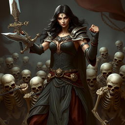 A powerful woman confidently commanding an army of skeletal soldiers, embodying strength and authority