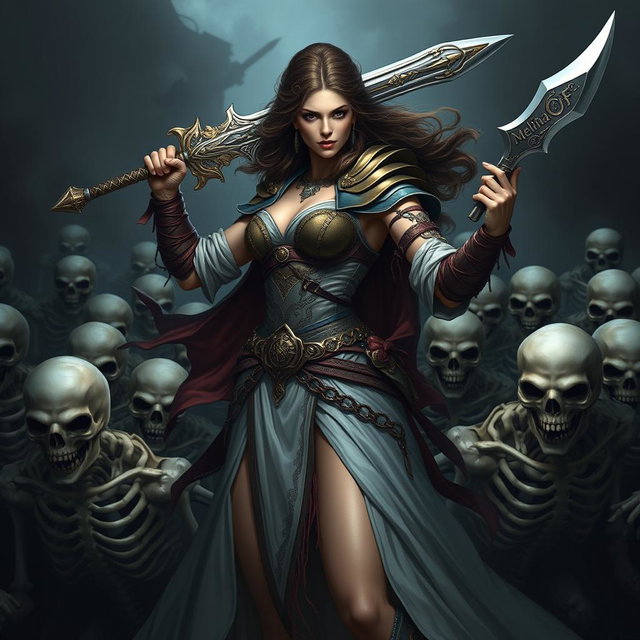 A powerful woman confidently commanding an army of skeletal soldiers, embodying strength and authority