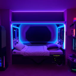 A futuristic gaming room with a full wall bed and a dedicated PlayStation 5 panel