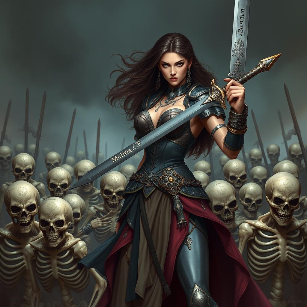 A powerful woman confidently commanding an army of skeletal soldiers, embodying strength and authority