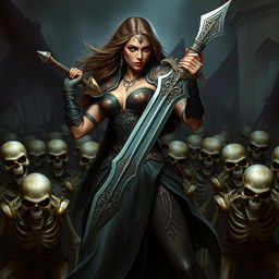 A powerful woman confidently commanding an army of skeletal soldiers, embodying strength and authority