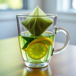 A transparent double-layered glass cup containing a green tea pyramid bag with slices of lemon inside