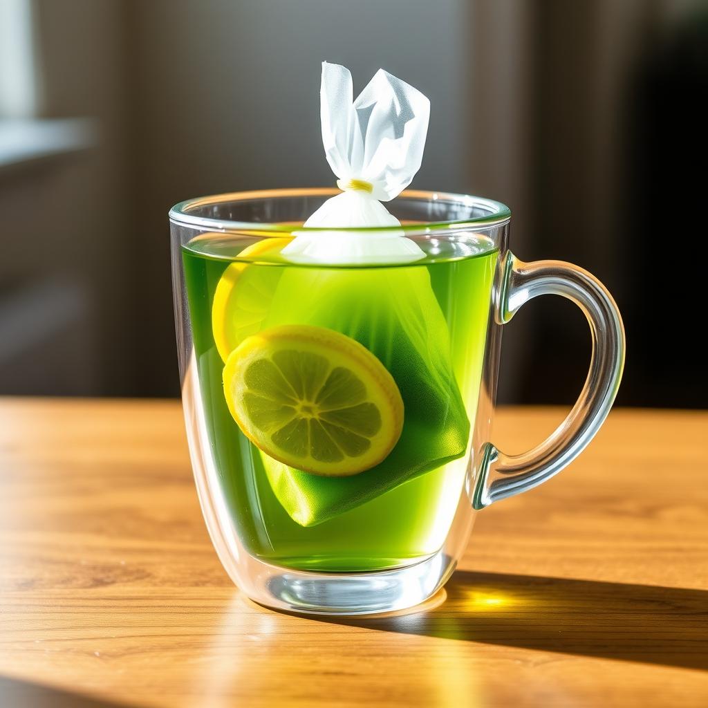 A transparent double-layered glass cup containing a green tea pyramid bag with slices of lemon inside