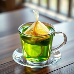A transparent double-layered glass cup containing a green tea pyramid bag with slices of lemon inside