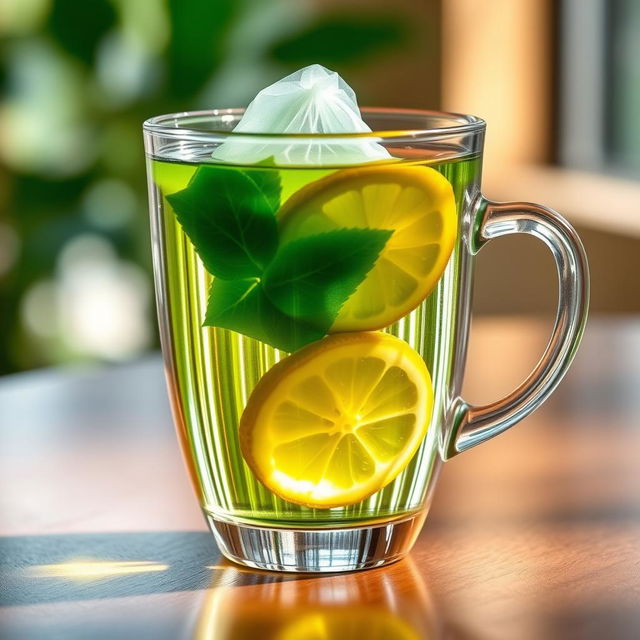 A transparent double-layered glass cup containing a green tea pyramid bag with slices of lemon inside