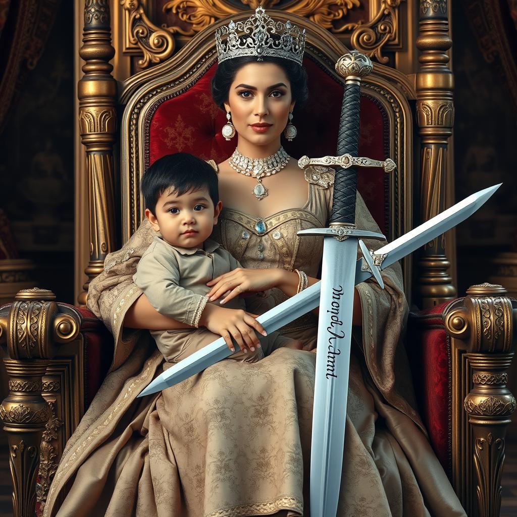 A regal queen holding her young son, who looks around 7 years old, showcasing a proud and nurturing demeanor