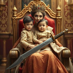 A regal queen holding her young son, who looks around 7 years old, showcasing a proud and nurturing demeanor