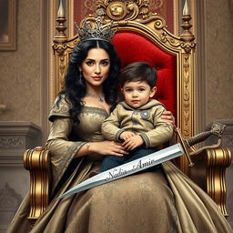 A regal queen holding her young son, who looks around 7 years old, showcasing a proud and nurturing demeanor