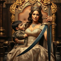A majestic queen with an aura of strength and grace, tenderly holding her 7-year-old son by her side