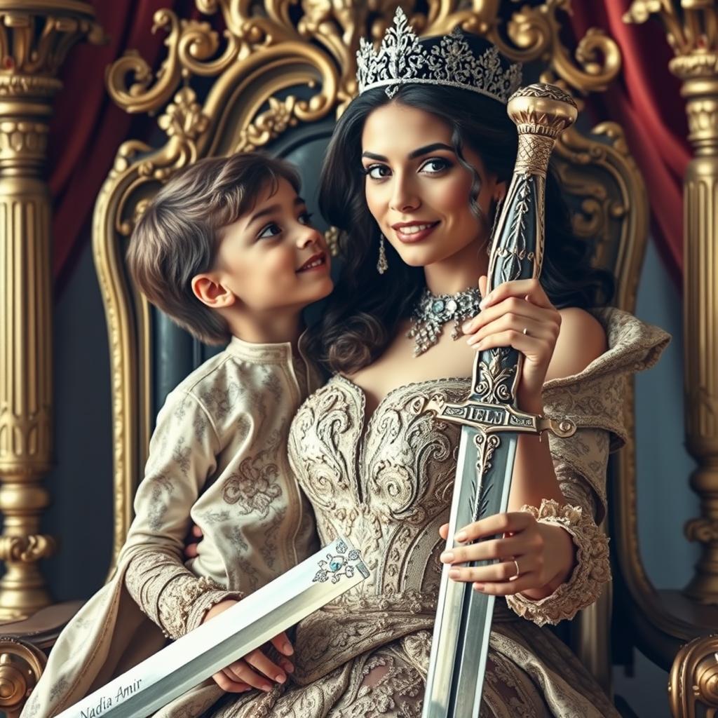 A majestic queen with an aura of strength and grace, tenderly holding her 7-year-old son by her side