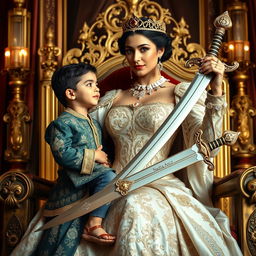 A majestic queen with an aura of strength and grace, tenderly holding her 7-year-old son by her side