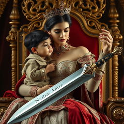 A majestic queen with an aura of strength and grace, tenderly holding her 7-year-old son by her side