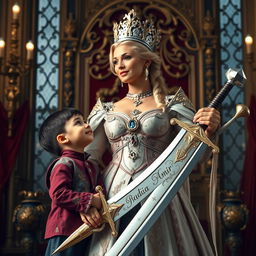 A noble queen lovingly standing beside her 7-year-old son, who gazes up at her with admiration