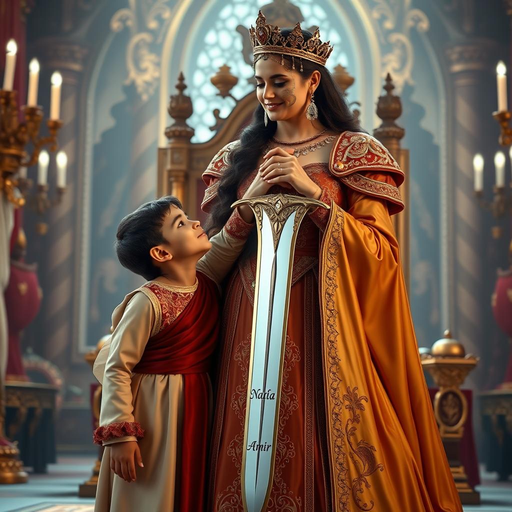 A noble queen lovingly standing beside her 7-year-old son, who gazes up at her with admiration