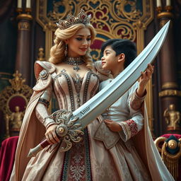 A noble queen lovingly standing beside her 7-year-old son, who gazes up at her with admiration