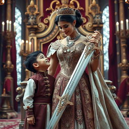 A noble queen lovingly standing beside her 7-year-old son, who gazes up at her with admiration