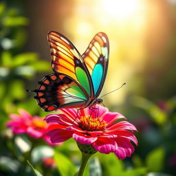 A stunningly realistic butterfly perched delicately on a vibrant flower in a lush natural setting, showcasing the intricate details of its wings with vivid colors